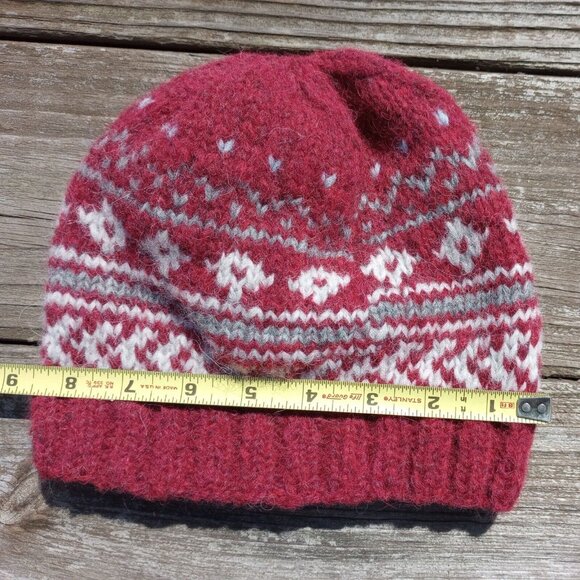 Men's Alpaca Fair Isle Wool Beanie Hat Hand Knit Red Winter Nordic Women's - Picture 8 of 9